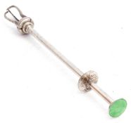 Askel Holmson Norwegian white metal pickle fork with green guilloche enamel finial, 20cm long