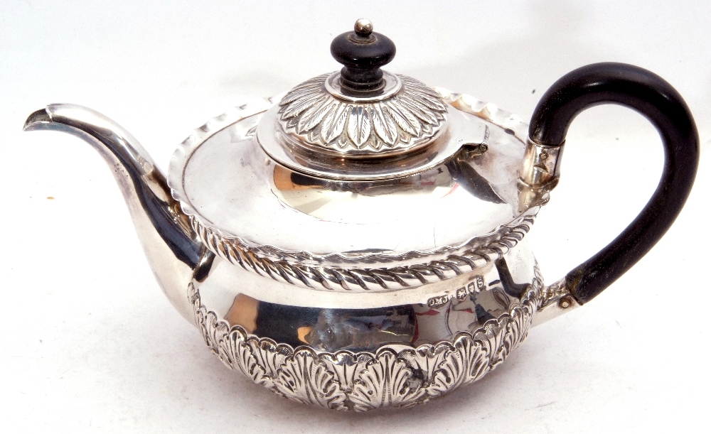 Victorian silver bachelor's style tea pot of compressed circular form with hinged lid and crimped - Image 2 of 3