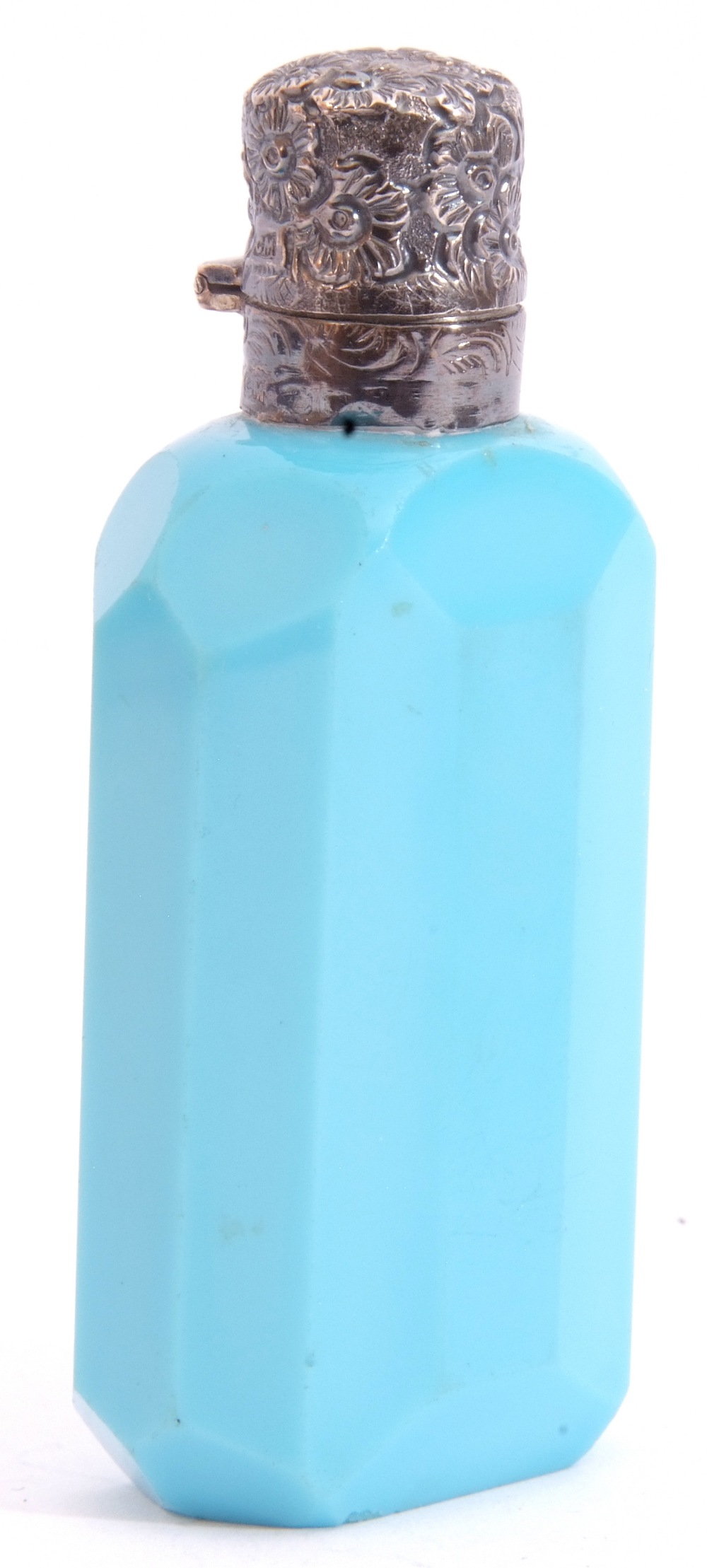 Late Victorian faceted sky blue milk glass scent bottle with embossed and hinged silver lid, 8.5cm - Image 2 of 5