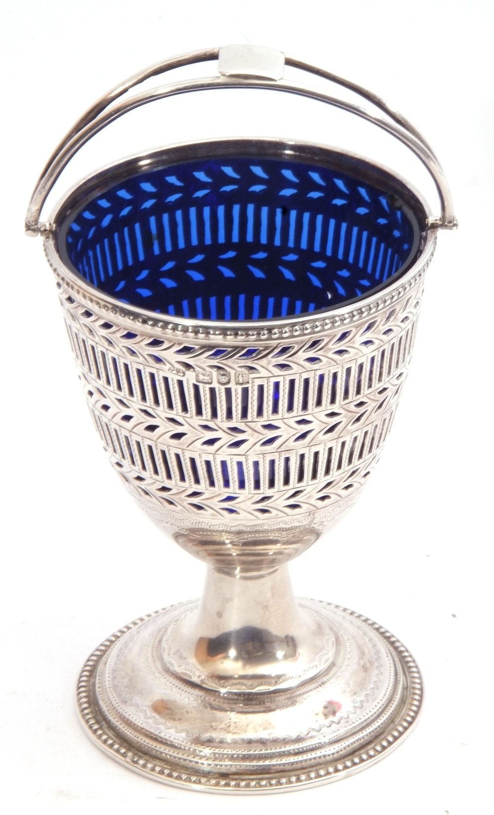 Edward VII silver sugar basket, the pierced ovoid bowl with chased detail, double C-scroll swing - Image 4 of 4