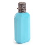 Late Victorian faceted sky blue milk glass scent bottle with embossed and hinged silver lid, 8.5cm