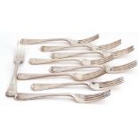 Set of nine Edwardian table forks in threaded Hanoverian pattern, each bearing a rampant lion crest,