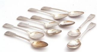 Set of nine George III tea spoons in Fiddle pattern, each initialled W in script, London 1817, by