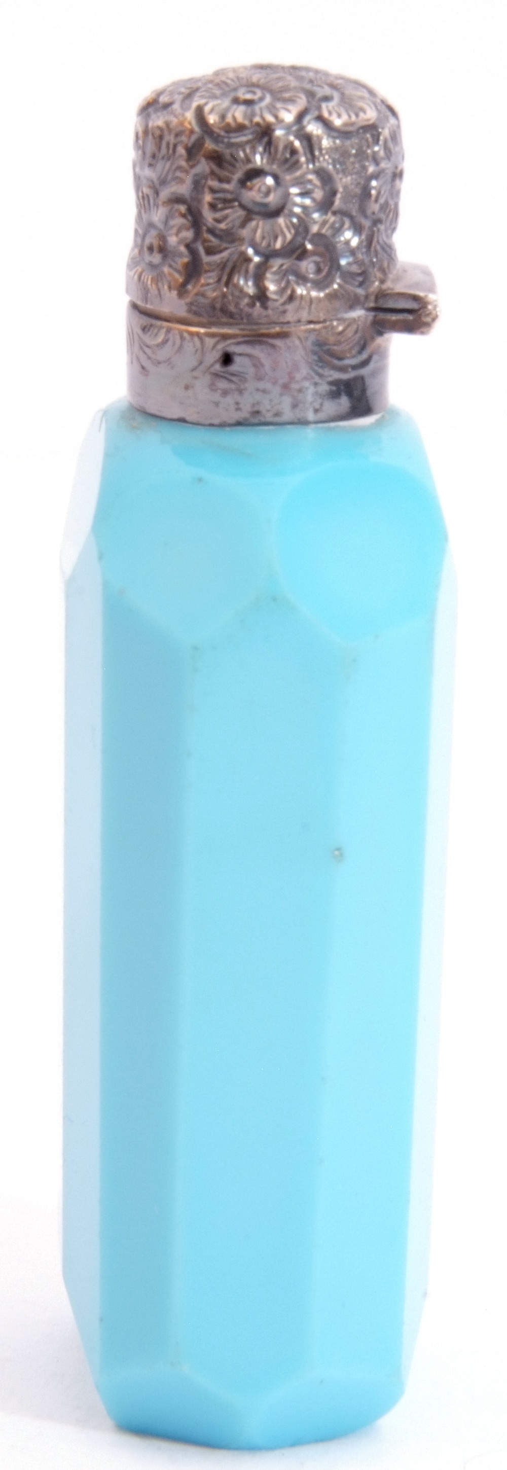Late Victorian faceted sky blue milk glass scent bottle with embossed and hinged silver lid, 8.5cm - Image 4 of 5