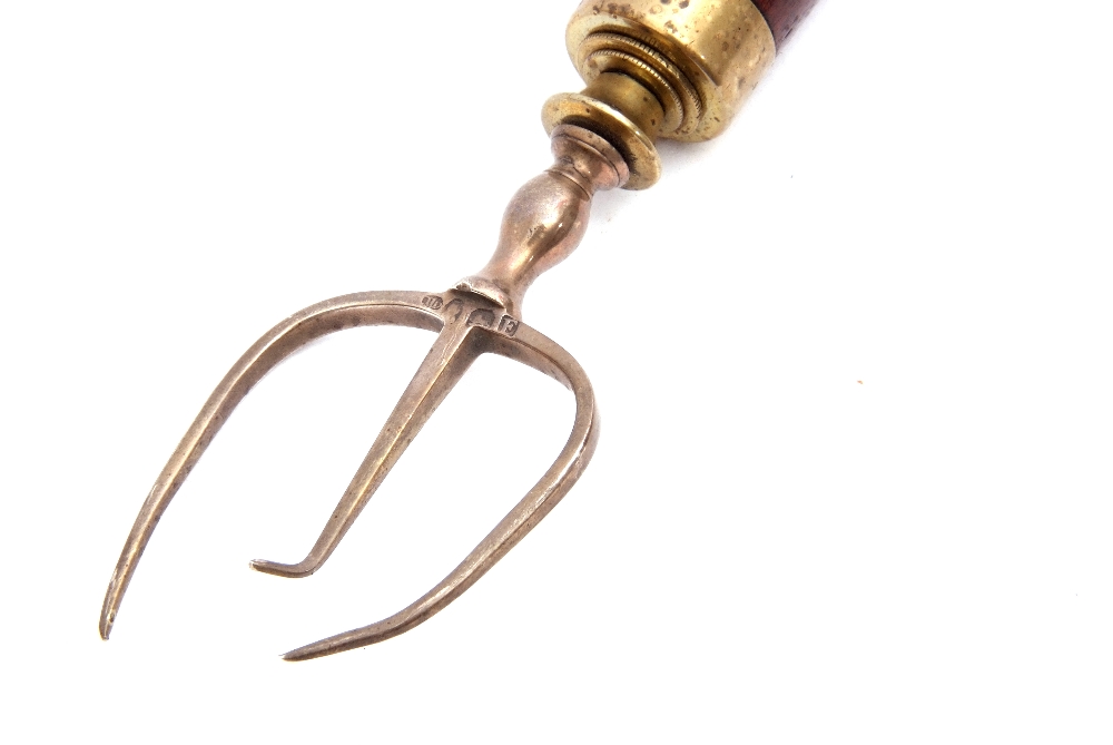 George III silver extending toasting fork, the three pronged fork applied to a brass and treen - Image 5 of 6