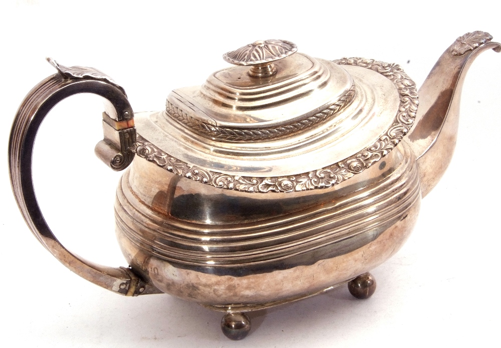 George IV silver tea pot of oval form having a reeded body with applied scroll and shell rim, a - Image 4 of 6