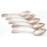 Set of five George III dessert spoons in Fiddle pattern, each initialled W in script, London 1817 by