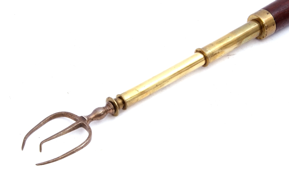 George III silver extending toasting fork, the three pronged fork applied to a brass and treen - Image 4 of 6