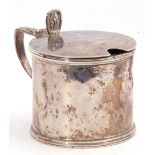 Georgian silver drum mustard pot, reeded detailing, the hinged lid with scroll thumb piece and
