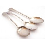 Group of three Georgian table spoons in Old English pattern, London 1791/1794/1805, one repaired,
