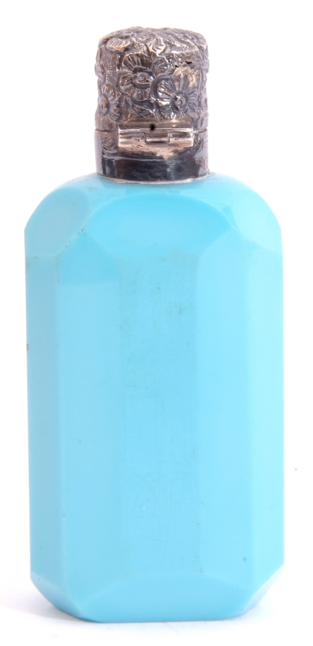 Late Victorian faceted sky blue milk glass scent bottle with embossed and hinged silver lid, 8.5cm - Image 3 of 5