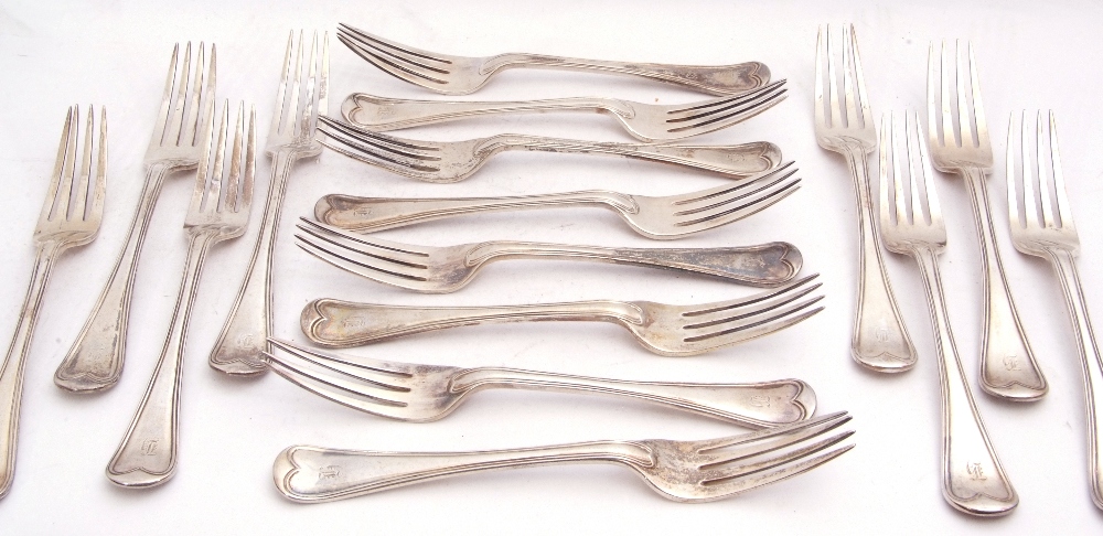 Set of sixteen Victorian table forks in threaded Hanoverian pattern, each bearing a Gothic letter H,