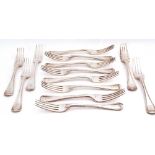 Set of thirteen Victorian table forks in threaded Hanoverian pattern, each bearing a rampant lion