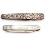 Mixed Lot: Georgian silver fruit knife in original case, the mother of pearl handle engraved "Emma
