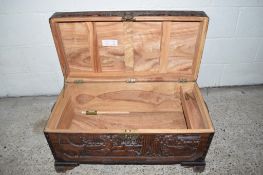 CARVED CAMPHOR WOOD CHEST WITH TYPICAL ORIENTAL STYLE DECORATION, APPROX 84CM LENGTH