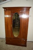 EDWARDIAN MIRROR FRONT MAHOGANY WARDROBE WITH INLAID AND CROSS-BANDED DECORATION THROUGHOUT, WIDTH