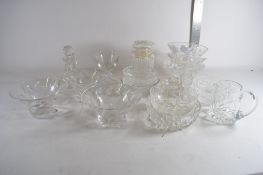 GLASS WARES INCLUDING A OIL BOTTLE AND COVER, GLASS JAR AND COVER ETC