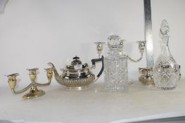 SILVER PLATED TEA POT, SUGAR BOWL, MILK JUG, SILVER PLATED CANDELABRA AND TWO CUT GLASS DECANTERS