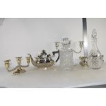 SILVER PLATED TEA POT, SUGAR BOWL, MILK JUG, SILVER PLATED CANDELABRA AND TWO CUT GLASS DECANTERS