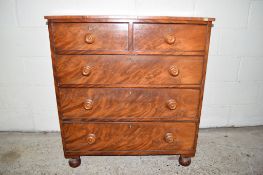 VICTORIAN FLAME MAHOGANY CHEST OF TWO SHORT OVER THREE LONG DRAWERS, RAISED ON BUN FEET, WIDTH