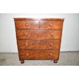 VICTORIAN FLAME MAHOGANY CHEST OF TWO SHORT OVER THREE LONG DRAWERS, RAISED ON BUN FEET, WIDTH