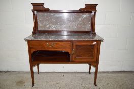 EDWARDIAN MARBLE TOPPED WASH STAND WITH MARBLE SPLASH BACK FEATURING STRUNG DECORATION THROUGHOUT,