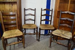 SET OF FOUR OAK RUSH SEAT LADDERBACK CHAIRS, HEIGHT OF EACH APPROX 1M