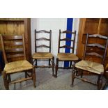 SET OF FOUR OAK RUSH SEAT LADDERBACK CHAIRS, HEIGHT OF EACH APPROX 1M