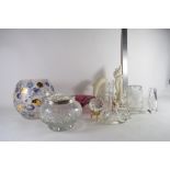 GLASS WARES INCLUDING A RED COLOURED ART GLASS DISH, POTTERY MODEL OF A DOLPHIN, GLASS FLOWER VASE