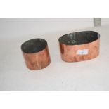 TWO COPPER CYLINDRICAL HOLDERS AND OVAL DISH