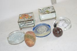 GLASS PAPERWEIGHTS AND SMALL GLASS BOXES WITH COVERS