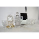 GLASS WARES AND MANTEL CLOCK IN GLASS DOME