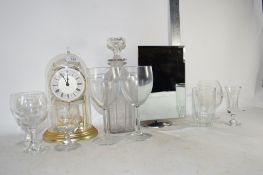 GLASS WARES AND MANTEL CLOCK IN GLASS DOME