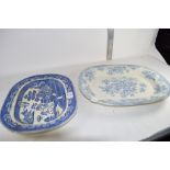 TWO BLUE AND WHITE MEAT DISHES WITH CHINOISERIE DESIGNS