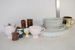 CHINA WARES INCLUDING CEREAL DISHES, PIE DISHES ETC AND SOME WOODEN EGG CUPS