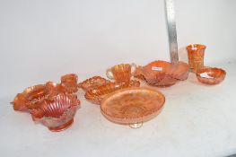 GROUP OF CARNIVAL GLASS, AMBER COLOURED, WITH VARIOUS IMPRESSED DESIGNS