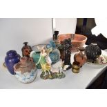 CERAMIC ITEMS INCLUDING A TERRACOTTA GREEK STYLE VASE, METAL CLOISONNE TYPE VASE AND COVER ETC