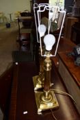 Pair of brass column Lamp Bases with shades