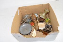 BOX CONTAINING VARIOUS ITEMS INCLUDING PLATED TEA SPOONS, PLATED CANDLESTICK ETC