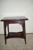 SMALL GOOD QUALITY EASTERN HARDWOOD FOLD-TOP TABLE WITH GALLERIED SHELF BENEATH AND CARVED AND