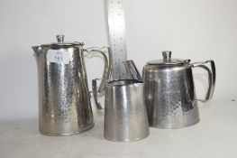 PLANISHED METAL TEA POT, COFFEE POT AND MILK JUG