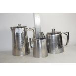 PLANISHED METAL TEA POT, COFFEE POT AND MILK JUG