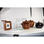 TRAY CONTAINING KITCHEN WARES INCLUDING TWO BROWN GLAZED POTS AND COVERS AND A TEA POT AND OTHER