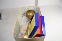 BOX CONTAINING WOODEN BOXED PUZZLES, BRASS SERVING SPOON