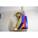 BOX CONTAINING WOODEN BOXED PUZZLES, BRASS SERVING SPOON