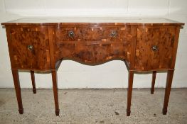 HIGH QUALITY BIRDS EYE MAPLE SERPENTINE SIDEBOARD, RAISED ON TAPERED LEGS, TWO DRAWERS FLANKED BY