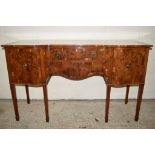 HIGH QUALITY BIRDS EYE MAPLE SERPENTINE SIDEBOARD, RAISED ON TAPERED LEGS, TWO DRAWERS FLANKED BY