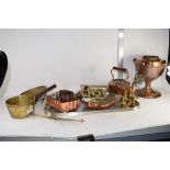 COPPER AND BRASS WARES INCLUDING KETTLE, JELLY MOULDS ETC