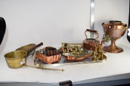 COPPER AND BRASS WARES INCLUDING KETTLE, JELLY MOULDS ETC