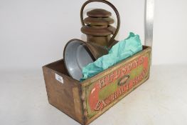 BOX CONTAINING OLD METAL RAILWAY LAMP